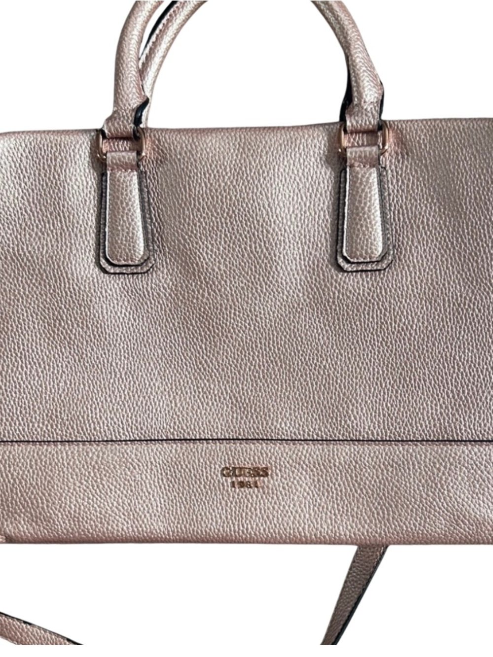 Guess Metallic Pink Satchel, Pebbled Leather, Crossbody Strap, Tricompartment